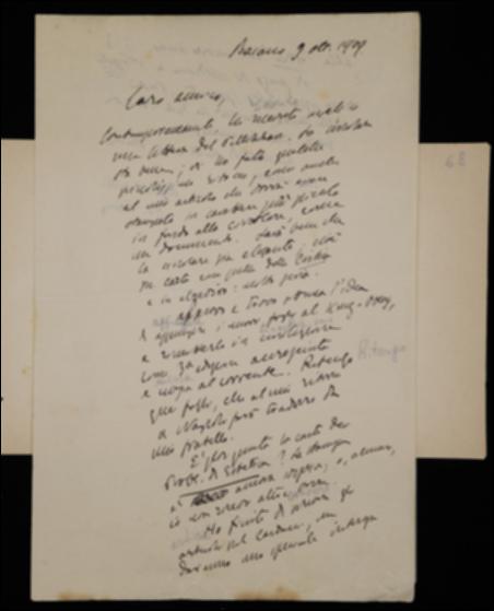 Rispondendo a Giovanni Laterza, Benedetto Croce fornisce alcune indicazioni in merito alla circolare di Achille Pellizzari sulla nuova collana degli scrittori d'Italia e approva il progetto di rimettere in circolazione come terza edizione le copie invendute della seconda edizione de “L'Italia d'oggi” con l'aggiunta di un nuovo capitolo inviato dagli autori, il quale sarà tradotto sempre da Alfonso Croce. Il filosofo prega poi l'editore di informarlo sulla stampa del proprio volume di saggi di estetica e di spedirgli una copia del volume di Silvio Spaventa, comunicando inoltre di aver preparato gli articoli su Giosuè Carducci per “La Critica” dell'anno successivo.
