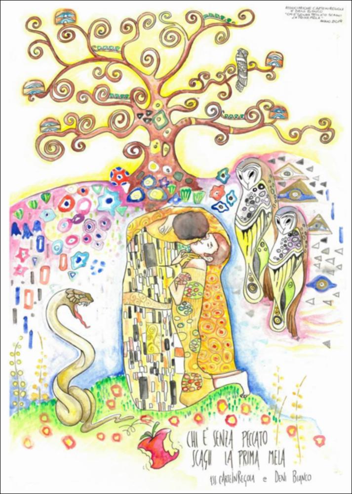 Per l’edizione 2019, “Satira e libertà” sono i temi ispiratori scelti dalla fondazione Carnevale di Putignano per la realizzazione dei carri allegorici.
A firma dell’Associazione "cArteinregola" e Deni Bianco, il carro “Chi è senza peccato scagli la prima mela” è un urlo contro la società conformista e moralista. Amare è un atto naturale, eppure spesso non è accettato quando lega due individui dello stesso sesso. Il bozzetto prende spunto dal bacio etereo fermato nel tempo dall’artista Klimt, dove viene reinterpretato in chiave satirica e mostra un bacio tra due uomini. 
Siamo in un nuovo Eden dalle tipiche ambientazioni klimtiane e l’atto è consumato all'ombra dell'albero della vita, simbolo dell'amore come valore universale. Intorno a loro, vecchie civette scrutano il...