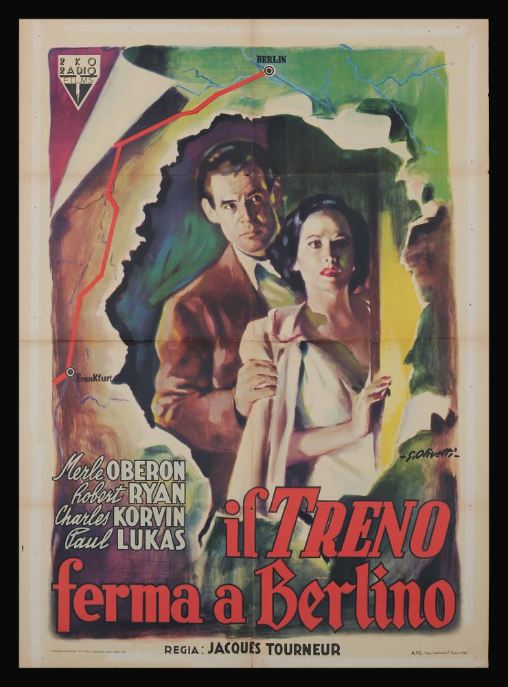 L'immagine riproduce uno dei manifesti conservati presso la Mediateca Regionale Pugliese (vedi Note). Si tratta di una delle versioni grafiche per il manifesto del film in bianco e nero "Il treno ferma a Berlino" del 1948 per la regia di Jacques Tourneur. La composizione grafica è a firma del maestro bolognese Giorgio Olivetti. Classe 1908, caratterizza le sue prime opere da uno stile morbido, sfumato, fatto di acquerelli delicati che rendono il volume anche grazie ad un uso sapiente dei chiaroscuri. La narrazione in questo manifesto è molto particolare e ci dà l’impressione della tridimensionalità data dalla scelta di inserire la coppia dei protagonisti all’interno di una cartina geografica strappata che fa loro da cornice, espediente questo curato nei minimi particola...
