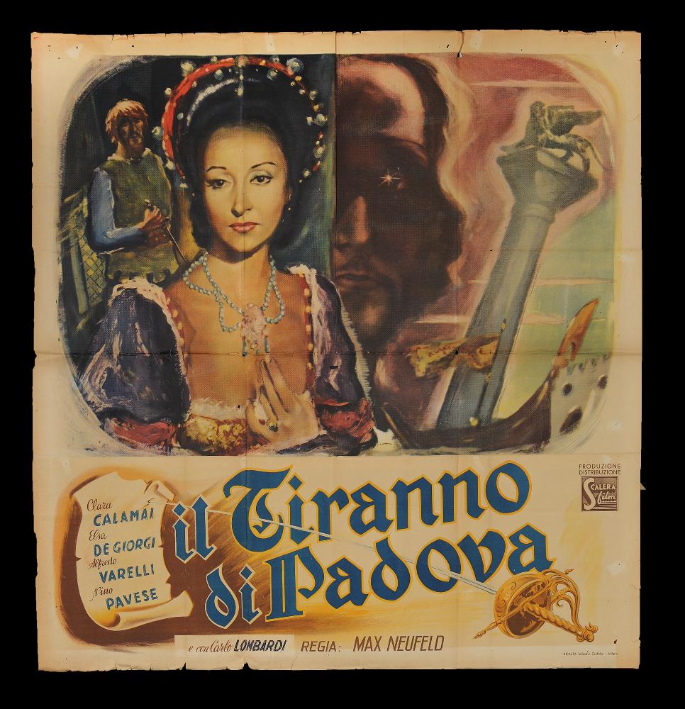 L'immagine riproduce uno dei manifesti conservati presso la Mediateca Regionale Pugliese (vedi Note). Si tratta di una delle versioni grafiche del manifesto del film "Il tiranno di Padova", dal formato insolito (140x140). Anche se senza autore, la composizione si mostra pregevole e piuttosto tradizionale, fatta di più momenti narrativi, in cui il dramma storico è evidente in alcuni punti in cui il colore si fa più scuro. Splendida la figura di nobildonna in primo piano con i dettagli del costume d'epoca e i gioielli. Probabilmente allo stesso autore, è attribuibile l'altro manifesto del film (140x100), in collezione....