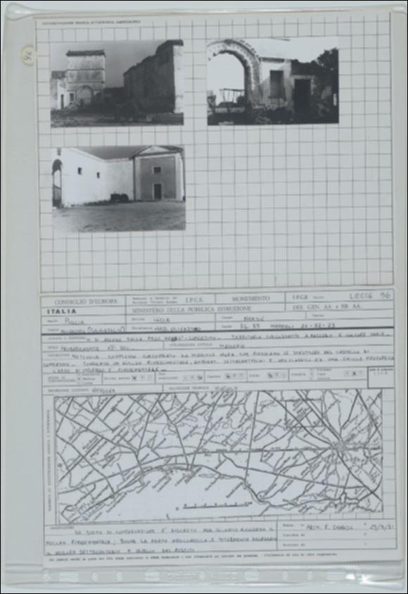 La scheda in oggetto è parte del volume “Censimento delle opere fortificate in Puglia”, risultato dell'attività promossa dalla Regione Puglia tra il 1981 e il 1982, per individuare e descrivere le principali costruzioni in muratura presenti nel territorio. Composta da due fogli sciolti, è redatta dall'architetto F. Danese il 25 settembre 1981. La masseria Olivastro è situata a Nardò in provincia di Lecce, in zona rurale. La masseria risale probabilmente al XVI secolo e presenta più corpi di fabbrica di periodi differenti. Al complesso architettonico circondato da massicce mura si accede tramite un arco rinascimentale che conduce ad ambienti rinascimentali, settecenteschi e ad una chiesa neoclassica. Le condizioni di conservazione e il degrado si manifestano diversamente...