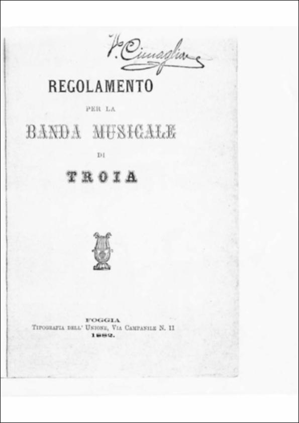 <div class="ql-editor"><div>Questo documento digitalizzato offre la lettura del verbale di una riunione del Consiglio Comunale di Troia che discute il regolamento e l’organizzazione della Banda Musicale cittadina nell'anno 1882.</div><div class="ql-align-justify">Le prime notizie storiche della presenza di una Banda a Troia fanno risalire la nascita del sodalizio al 1841 e il 22 marzo 1881 si riunisce il Consiglio Comunale per approvare il Regolamento per la "Banda Musicale di Troia".</div><div>L’associazione che attualmente organizza il Complesso Bandistico, nata nel 1991 con</div><div>lo scopo di promuovere e sviluppare la cultura musicale e, in special modo, quella bandistica di cui la città di Troia si può onorare di un glorioso passato...
