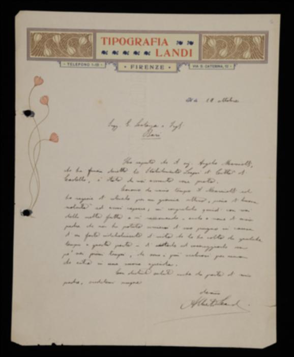 Nella lettera, Alberto Landi rassicura Laterza circa le buone capacità del proto Angelo Marinelli, appena assunto dall'editore barese.