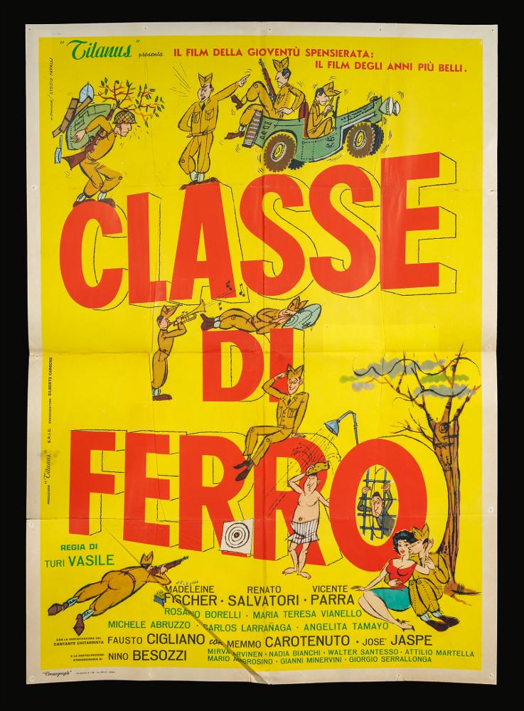 Il manifesto è a firma di Gino D'Achille, per lo Studio grafico Favalli. Gino D'achille, nato nel 1935, ha dimostrato fin da piccolo un precoce talento artistico, tanto da essere invitato a 11 anni a presentare al pontefice stesso un ritratto che aveva realizzato di Papa Pio XII. Realizza illustrazioni pubblicitarie per la prestigiosa agenzia Studio Favalli e questo lo porta a intraprendere una carriera a tempo pieno a Milano e a Londra negli anni '60. Si afferma nel mondo artistico per le illustrazioni realizzate per le popolari Storie della Bibbia di David Kossof, commissionate da WM Collins.
In questo manifesto, ripropone il tema ironico nella pellicola rappresentando i giovani soldati mentre svolgono varie attività nel campo.  Il manifesto originale è conservato nel...