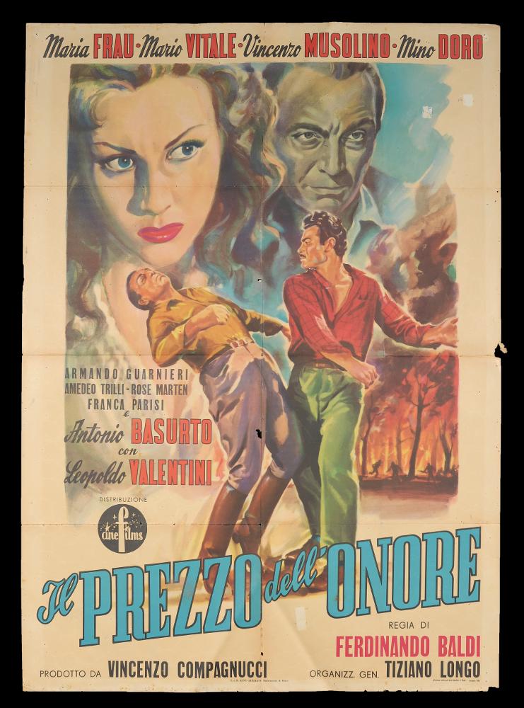 L'immagine riproduce uno dei manifesti conservati presso la Mediateca Regionale Pugliese (vedi Note). Si tratta di una delle versioni grafiche del manifesto del film "Il prezzo dell'onore". La composizione pittorica, senza firma, rispecchia i canoni di quello che fu definito il "secondo stile" della pittura da cinema, rivelando una certa abilità e padronanza artistica. In questo periodo, i divi dominano lo spazio anteriore, enfatizzando la figura del protagonista anche come essere umano. Le scene sono suddivise su più piani, in cui il primo e il secondo sono rappresentazioni di momenti cruciali, significativi ed emblematici del film. Sullo sfondo, i protagonisti sono ritratti con volti grandi e con sguardi che aumentano la drammaticità di tutta la composizione....