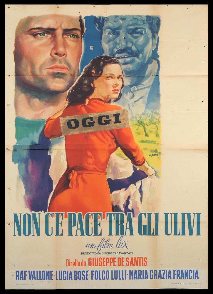 L'immagine riproduce uno dei manifesti conservati presso la Mediateca Regionale Pugliese (vedi Note). Si tratta di una delle versioni grafiche del manifesto del film "Non c'è pace tra gli ulivi", a firma di Manno (Dante Manno). Formatosi all'Accademia di Belle Arti, dove fu allievo di Duilio Cambellotti, è stato un grande artista e pittore di cinema. Questo influenzerà la sua carriera, dedicandosi totalmente alla pittura di cinema, sua grande passione fino alla crisi degli anni '70. L'uso degli acquerelli e della tempera, di colori compatti e pastosi rendono le sue figure ben definite e morbide, unendo un certo stile classico e accademico ad una grafica moderna. Manno, come molti altri pittori dell'epoca dediti alla pittura per manifesti, si fece interprete del filone N...
