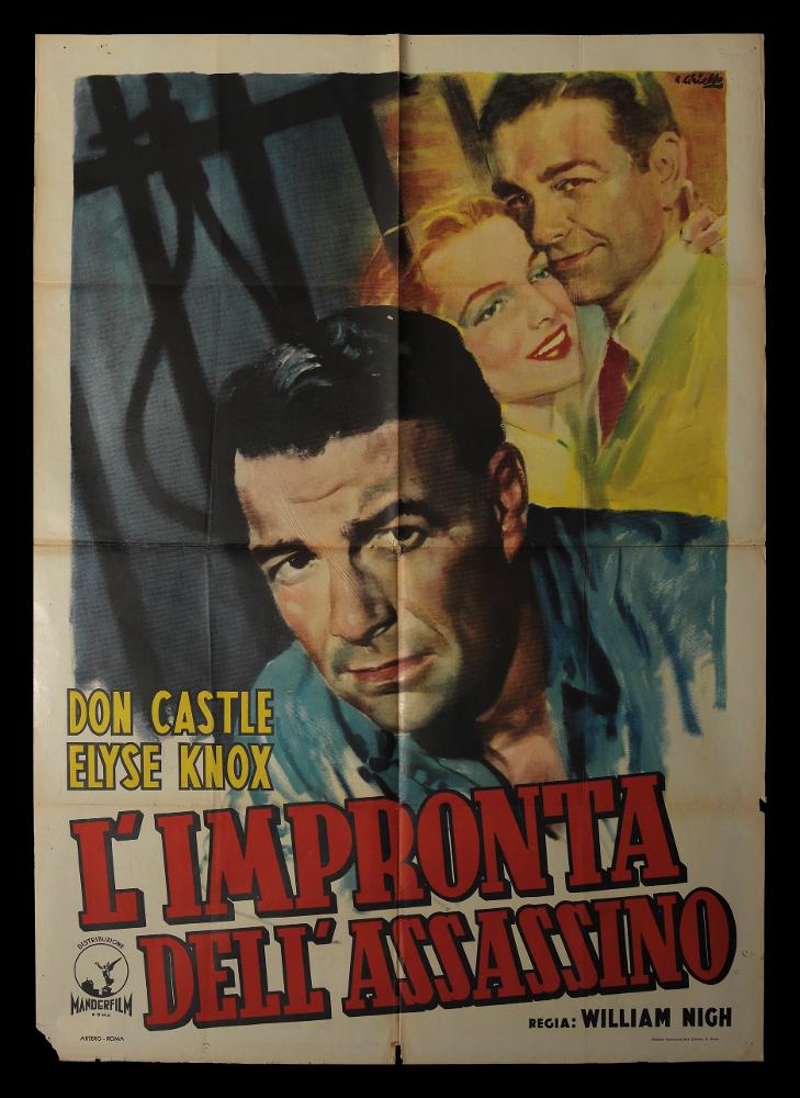 L'immagine riproduce uno dei manifesti conservati presso la Mediateca Regionale Pugliese (vedi Note). Si tratta di uno dei manifesti del film “L’impronta dell’assassino” del 1948 per la regia di William Nigh. La composizione grafica è a firma dell’illustratore Averardo Ciriello (A. Ciriello), come si evince dalla firma in alto a destra. Il pittore sin dagli esordi mostrò un linguaggio elaborato e uno stile pittorico colto e maturo, sia nel ritratto che nelle scene narrative come si può ben notare in questo manifesto. Grande attenzione Ciriello riserva ai dettagli dei visi e delle espressioni di tutti i personaggi che rendono pienamente la drammaticità della trama. La coppia dei protagonisti in secondo piano sono l’unico punto illuminato dell’opera. Sempre sullo sfondo, ...