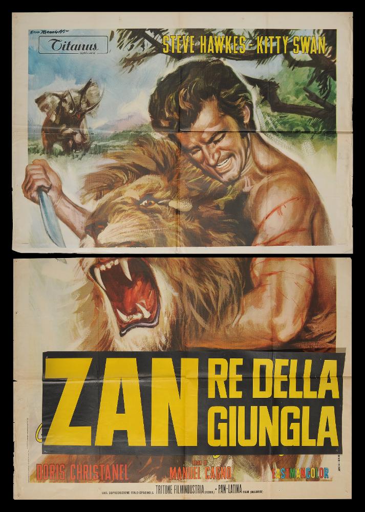 L'immagine riproduce uno dei manifesti conservati presso la Mediateca Regionale Pugliese (vedi Note). Si tratta di uno dei manifesti del film “Zan re della giungla” del 1968 per la regia di Manuel Caño. Il manifesto si presenta composto da due parti, in quanto di grande dimensioni (200x140) ed è a firma di Ezio Tarantelli, come possiamo leggere ponendo l’attenzione in alto a sinistra. Noto per la produzione di illustrazioni per film minori e quelli del genere "Spaghetti western", Ezio Tarantelli è artista e grafico, fondatore dello Studio E2 insieme al collega Enzo Sciotti. La composizione grafica presenta l’immagine molto realistica, a tutta pagina, di Steve Hawkes mentre lotta con un leone. Sullo sfondo l’ambientazione della savana con un elefante in corsa. Da notare ...
