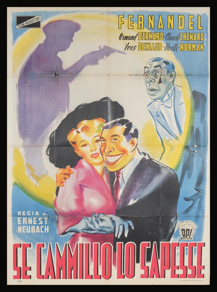 L'immagine riproduce uno dei manifesti conservati presso la Mediateca Regionale Pugliese (vedi Note). Si tratta di uno dei manifesti del film “Se Camillo lo sapesse” del 1945 per la regia di Enrst Neubach a firma dell'illustratore P. Ricci. La composizione presenta i personaggi principali al centro, in primo piano, colpisce inoltre la rappresentazione dell’attore Fernandel con i tratti tipici della caricatura. Su uno sfondo notturno, con una grande luna piena, l’ombra di un uomo con la pistola si scaglia contro un Fernandel tratteggiato. Da notare le due "M" bel nome nel titolo....