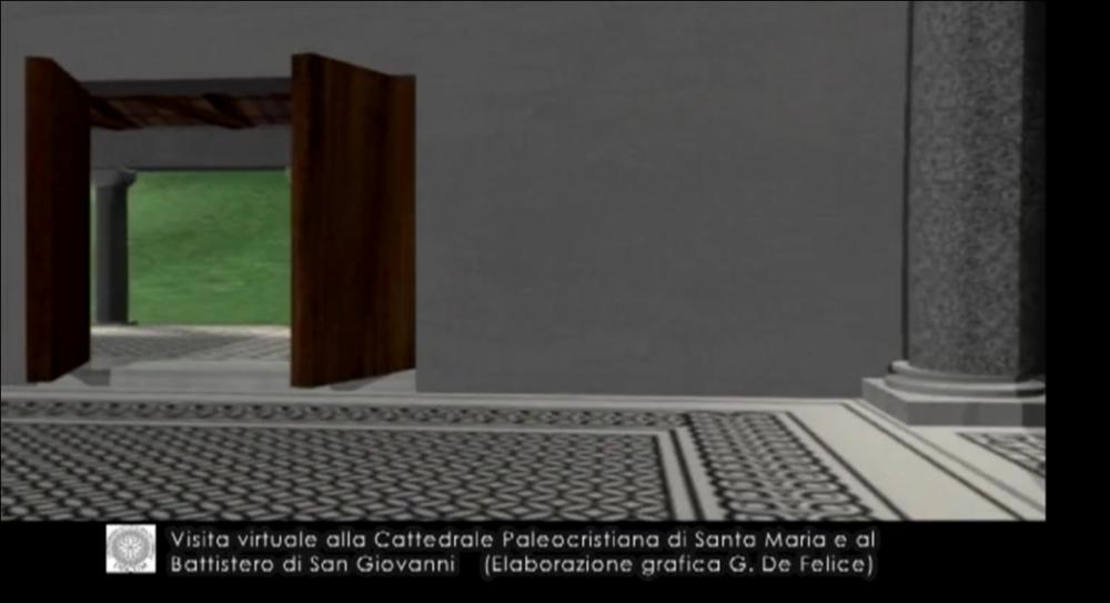 Il video è un accurato lavoro di ricostruzione 3D della Cattedrale paleocristiana di Santa Maria e del Battistero di San Giovanni a Canosa, facente parte del DVD Rom "Non le perle, ma il filo. Archeologia globale all'Università di Foggia" e fruibile tra i contenuti extra insieme alle altre visite virtuali. La ricostruzione dei monumenti dell'area di San Giovanni è stata intrapresa nel 2003, in seguito alla prima campagna di scavi condotta all'esterno del battistero che ha portato alla scoperta di parte della cattedrale di Santa Maria (Fonte: www.archeologiadigitale.it). La Virtual Archaeology avviata dall'équipe di professori e ricercatori del Dipartimento di Scienze Umane dell'Università di Foggia ha svolto in questi anni l'importante compito di avvicinare alla discipl...