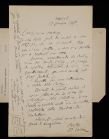 Nella lettera, Benedetto Croce sollecita Laterza all'invio di bozze del suo periodico "La Critica" e alla stampa dei volumi di Johann F. Herbart e Friedrich W.J. Schelling, comunicandogli che il volume di Bertrando Spaventa è pronto per la ristampa.