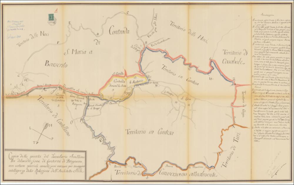 Disegno policromo, ovvero copia conforme all'originale datata 1958 redatta dagli ingg. Francesco De Martino, Aristotile Nucera e Franco Agnelli. L'originale pianta è stata redatta nel 1809 dal Tavolario Gioacchino Avellino. Il documento cartografico inquadrato da una doppia cornice, si sviluppa in senso longitudinale. La simbologia è ridotta al minimo, il diverso colore delle linee ha il compito, nella raffigurazione, di individuare il limite dei confini comunali, con doppia linea nera le strade di collegamento.  Alla toponomastica è demandato il compito di individuare sul territorio contrade, chiese, pozzi, strade. La pianta se pur priva dell'indicazione della scala, non difetta dell'orientamento.