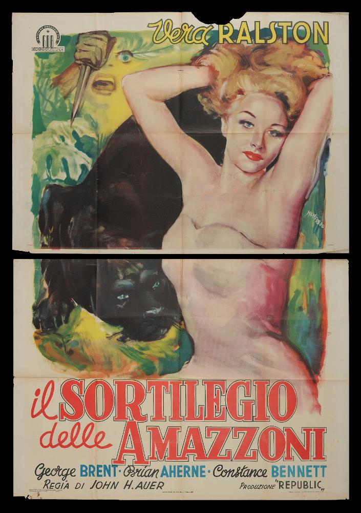 L'immagine riproduce uno dei manifesti conservati presso la Mediateca Regionale Pugliese (vedi Note). Si tratta di uno dei manifesti del film “Il sortilegio delle Amazzoni” del 1948 per la regia di John H. Auer. Il manifesto, composto da due parti in quanto di grandi dimensioni (140x200), è a firma di Acerbo Manfredo (Manfredo), abruzzese di nascita, formatosi a Roma all'Accademia di Belle Arti. La sua carriera lavorativa lo vede insegnante di pittura, grafico ed illustratore per il cinema. Il suo stile si contraddistingue da un segno grafico espressionista, dall'accostamento del nero, in questo manifesto rappresentato dalla pantera, a colori accesi e da una composizione fatta di macchie e pennellate rapide, molto contemporanee, che certamente lo distinguono dagli altri...