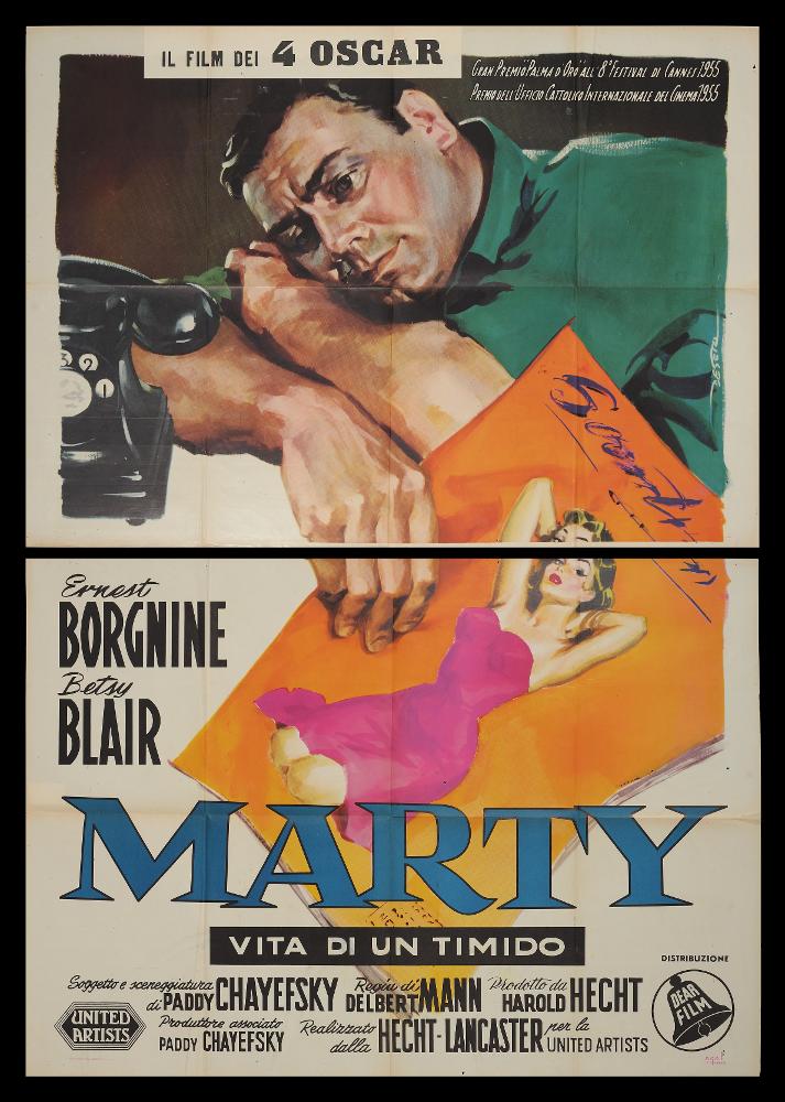 Marty, vita di un timido (Marty) è un film del 1955, diretto da Delbert Mann, vincitore del Premio Oscar come miglior film e della Palma d'oro all'8º Festival di Cannes.
La sceneggiatura è di Paddy Chayefsky e i due interpreti principali sono Ernest Borgnine nei panni di Marty Piletti e Betsy Blair nei panni di Clara.
Il manifesto cinematografico è opera del celebre pittore di cinema Enrico De Seta, noto illustratore ed artista poliedrico. Il suo stile si caratterizza per la modernità, il disegno semplice e l'uso di colori acquerellati con pennellate fluide e larghe, quasi espressioniste.
Il manifesto originale è conservato nell’Archivio della Mediateca Regionale Pugliese ed è costituito da due fogli separati....