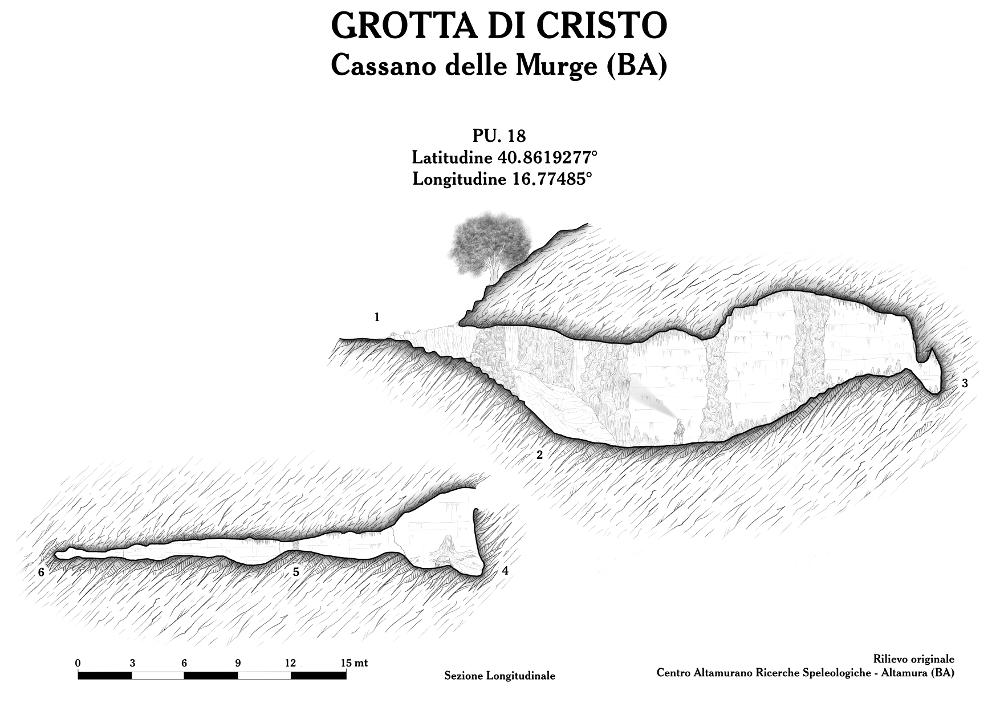 Questo rilievo topografico è la trasposizione in digitale di rilevamenti realizzati a seguito di importanti studi speleologici nelle grotte di Puglia. Sono materiale utile per lo studio e la ricerca, per comprendere al meglio la complessità delle articolazioni sotterranee di queste cavità naturali, con il fine della tutela e della salvaguardia del fenomeno carsico. 
Il documento fa parte della raccolta di rilievi topografici digitalizzati da Carlos Solito per il Progetto digitale “Sillabario sotterraneo – Viaggio dantesco nelle Grotte di Puglia” – realizzato nell’ambito della LEGGE REGIONALE 30 dicembre 2020 - art. 39 “Cavità pugliesi e opera dantesca - Celebrazioni 700 anni dalla morte di Dante Alighieri”.