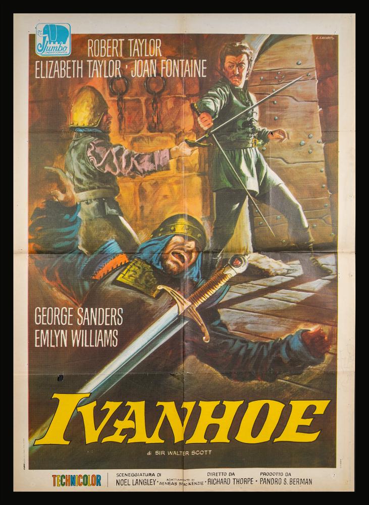 L'immagine riproduce uno dei manifesti conservati presso la Mediateca Regionale Pugliese (vedi Note). Si tratta di una delle versioni grafiche del manifesto del film epico “Ivanhoe” del 1952 per la regia di Richard Thorpe sulla trasposizione del romanzo omonimo di Walter Scott. La firma che si legge in alto a destra è dell’illustratore Luciano Crovato che, pur non rispettando le proporzioni fra corpi e ambiente, rappresenta in maniera realistica uno dei momenti drammatici del film, un duello con la spada fra cavalieri, in un luogo chiuso, quasi nel buio totale. I colori utilizzati infatti sono tutti scuri e l'unica fonte di luce arriva dalle spalle e in maniera soffusa. Altro punto di luce sul manifesto è rappresentato dal titolo in basso, a caratteri maiuscoli in stamp...