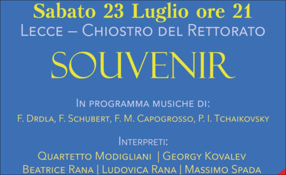 Per la VI Edizione del Festival Internazionale Di Musica Da Camera “Classiche Forme” diretto dalla pianista Beatrice Rana, l’Associazione Opera Prima ha presentato concerti e spettacoli musicali con giovani artisti di talento e solisti di fama internazionale. Il video propone il concerto “Souvenir” per violino e pianoforte sulle musiche di F. Drdla, F. Schubert, F. M. Capogrosso, P.I. Tchaikovsky, interpretato dal Quartetto Modigliani, Georgy Kovalev, Beatrice Rana, Ludovica Rana, Massimo Spada, che si è tenuto il 23 luglio presso il Chiostro del Rettorato di Lecce....