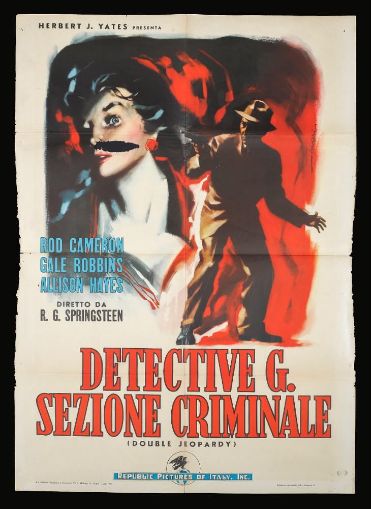 L'immagine riproduce uno dei manifesti conservati presso la Mediateca Regionale Pugliese (vedi Note). Si tratta di una delle versioni grafiche del manifesto del film “Detective G. sezione criminale” del 1946 per la regia di Robert G. Springsteen, a firma dell’illustratore Symeoni (Sandro Symeoni), noto pittore ferrarese tra i più prolifici disegnatori di cinema. Artista riconoscibile per l’uso di un linguaggio dalle molteplici sfaccettature, in questo manifesto concepisce un'opera dalla grande pittoricità, ricca di contrasti scuri che delineano la drammaticità della trama del film. Si tratta di una composizione moderna nella suddivisione dello spazio grafico, dinamica. Symeoni ricrea un'atmosfera notturna, con note di colore rosso che fa da sfondo ai due personaggi prin...