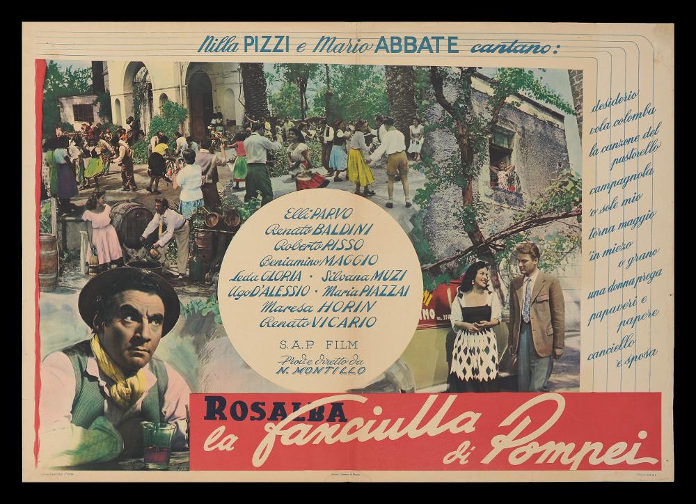 L'immagine riproduce una delle fotobuste conservate presso la Mediateca Regionale Pugliese (vedi Note). Si tratta di una composizione grafica del manifesto del film "Rosalba, la fanciulla di Pompei" del 1952, per la regia di Natale Montillo, con Roberto Risso, Elli Parvo e Silvana Muzi. Si possono notare tre soggetti ripresi da fotografie, scattate durante le riprese ed utilizzate, modificate con l’uso dei colori, per raccontare per immagini il film. Al centro interrompe la grafica l’elenco dei protagonisti principali e l’indicazione dei credits. Da notare come sia evidenziata la partecipazione di Nilla Pizzi e Mario Abbate come cantanti nel film e, nella parte destra del soggetto, vi è l’elenco delle canzoni eseguite....