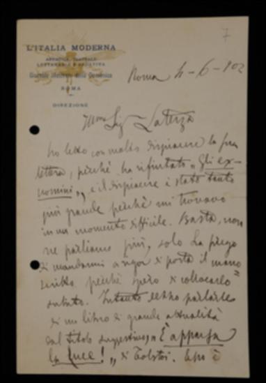 Nella lettera, Nino De Sanctis si rammarica del rifiuto dell'ultima novella da parte di Laterza. Propone la traduzione di un romanzo di Tolstoj. Sollecita l'invio delle bozze.