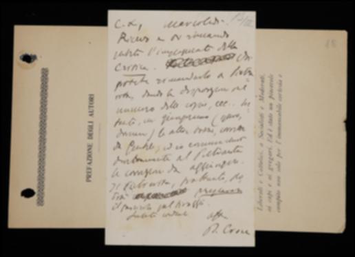 Nella cartolina, Benedetto Croce istruisce Laterza sulla stampa del periodico.