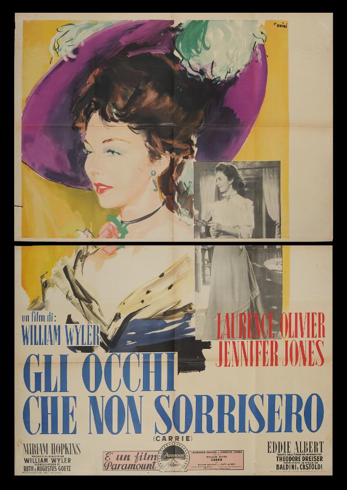 Gli occhi che non sorrisero (Carrie) è un film del 1952 di William Wyler tratto dal primo romanzo di Theodore Dreiser “Nostra sorella Carrie” (Sister Carrie).
Nel 1953 il film fu candidato a due Premi Oscar, quello per la migliore scenografia e quello per i migliori costumi.
Il manifesto cinematografico è firmato dal celebre maestro Ercole Brini, artista che, dopo aver terminato gli studi accademici, si dedicò fin da subito alla pittura di cinema. L’utilizzo dell’acquerello nelle pennellate veloci e leggere caratterizza il suo stile impalpabile ma nello stesso tempo moderno ed originale. Le scelte compositive sono enfatizzate dalla ricchezza di contrasti cromatici.
Il manifesto originale è conservato nell’Archivio della Mediateca Regionale Pugliese ed è costituito da du...