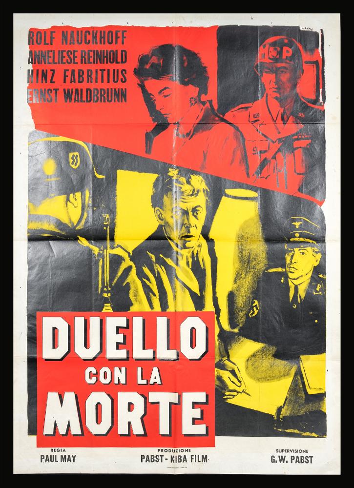 “Duello con la morte” (Duell mit dem Tod) è un film drammatico tedesco del 1949 diretto da Paul May (Paul Ostermayr), su sceneggiatura di Paul May e Georg Wilhelm Pabst. Nel cast ricordiamo Rolf von Nauckhoff, Annelies Reinhold, prima moglie del regista, Hinz Fabricius e Ernst Waldbrunn.
Il manifesto cinematografico è opera del celebre illustratore Dante Manno, artista romano classe 1911 che ha dedicato la sua carriera alla pittura di cinema, con il suo stile classico e la sua grafica moderna. Manno si specializza sia nell’uso dell’acquerello che della tempera, i suoi colori sono compatti e pastosi, le ombre scure e drammatiche. In questo caso, Manno suddivide l’immagine in due scene prediligendo l’uso della bicromia nero-giallo e nero-rosso, adottando uno stile fumetti...