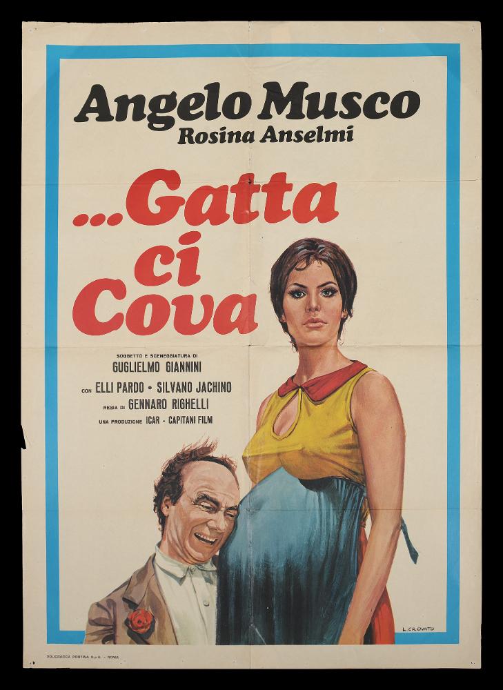 L'immagine riproduce uno dei manifesti conservati presso la Mediateca Regionale Pugliese (vedi Note). Si tratta di uno dei manifesti del film, tratto dalla commedia "L'articolo 1083" di Antonino Russo Giusti, “…Gatta ci cova” del 1937 per la regia di Gennaro Righelli. La firma che si legge in basso a destra è dell’illustratore Luciano Crovato (L. Crovato), autore noto per privilegiare la supremazia dell’elemento narrativo attraverso l’uso anche di poche immagini. Notiamo come questa composizione grafica è molto essenziale, ci sono solo i due protagonisti: Isidoro Pascucci, il ricco proprietario terriero interpretato da Angelo Musco, immortalato mentre compiaciuto e ridente poggia il suo orecchio sul ventre di Vanna, una donna disperata che accetta di far riconoscere com...