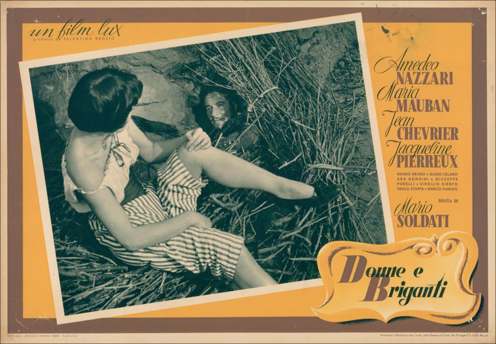 L'immagine digitale è la riproduzione del manifesto cinematografico del film “Donne e briganti” elaborata in occasione della mostra "Cinema 150 anni. Mostra di manifesti cinematografici d'epoca sul Risorgimento". La mostra, allestita negli spazi della Mediateca Regionale di Bari, è stata realizzata nel 2011 dall'Ufficio Attività culturali e audiovisivi, afferente al Servizio Cultura e Spettacolo della Regione Puglia, in occasione delle celebrazioni dei 150 anni dell'Unità d'Italia. Come in molte delle locandine e fotobuste realizzate negli anni cinquanta del Novecento, a predominare la scena è il colore. Un vivace giallo ocra contrasta con il bianco e nero del fotogramma del film in cui sono riconoscibili gli attori Maria Mauban e Amedeo Nazzari, rispettivamente Mariett...