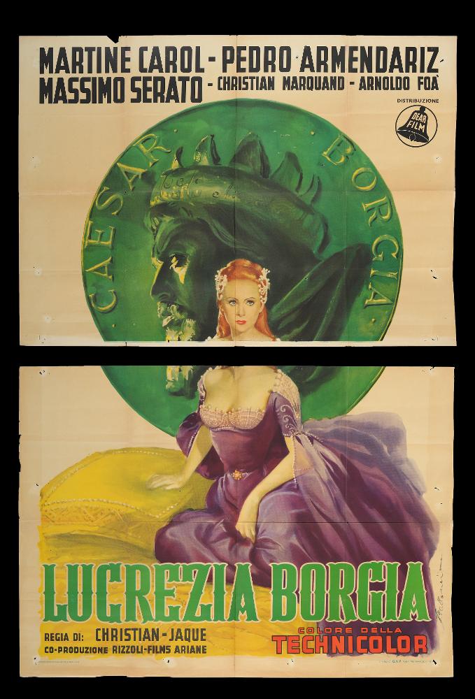 L'immagine riproduce uno dei manifesti conservati presso la Mediateca Regionale Pugliese (vedi Note). Si tratta di una delle versioni grafiche del manifesto per il film "Lucrezia Borgia" (1953), la cui illustrazione è a firma dell’artista siracusano Saro Bellomia, come leggiamo sul lato destro della composizione (SBellomia). Attivo tra gli anni Quaranta e Cinquanta del Novecento, iniziò la carriera come illustratore di libri e giornali per ragazzi di editori romani. Piuttosto tradizionale, ordinata ed elegante l'impostazione scelta dal pittore per questa composizione, in cui la figura di Lucrezia Borgia si mostra nella sua bellezza austera, interpretata dall'attrice francese Martine Carol. La pittura morbida, le sfumature di colori vividi, lo sfondo con il ritratto impo...