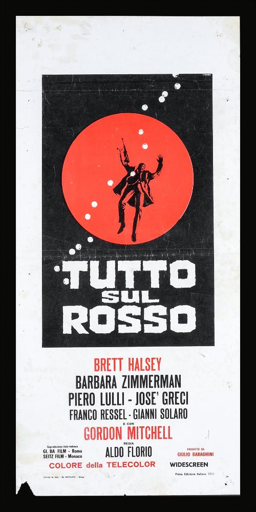 “Tutto sul rosso” è un film del 1968 diretto da Aldo Florio, con Brett Halsey, Gordon Mitchell, Barbara Zimmermann, José Greci.
La locandina cinematografica è opera del celebre pittore di cinema Renato Casaro, uno tra i maggiori rappresentanti della grafica e del manifesto. Nato a Treviso nel 1935 comincia la sua carriera artistica da autodidatta ma in breve arriva a sviluppare un proprio stile di grande eleganza e raffinatezza formale. Tecniche diverse si mescolano nel suo linguaggio innovativo che si caratterizza sia per l’uso del pennello sia per quello dell’aerografo che gli consentirà di ottenere effetti sfumati e volumetrici di grande intensità pittorica. Spesso la composizione si focalizza su una figura principale in cui si concentra la sintesi concettuale del fi...