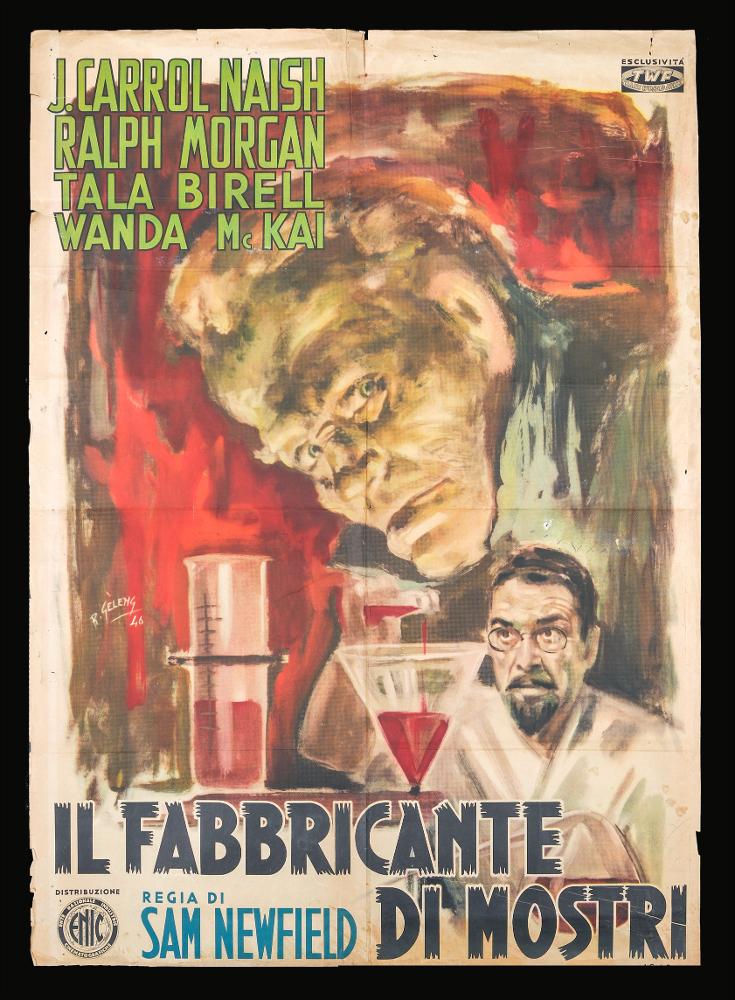 L'immagine riproduce uno dei manifesti conservati presso la Mediateca Regionale Pugliese (vedi Note). Si tratta di una delle versioni grafiche per il manifesto del film "Il fabbricante di mostri", a firma di Rinaldo Gèleng. Artista poliedrico ed eclettico, dopo gli studi d'arte, visse e lavorò per molti anni a Parigi, poi a Milano dove realizzò una serie di copertine per Mondadori e infine a Roma, dove realizzò alcuni manifesti per i film di Fellini. Il suo stile fresco e pittorico è fatto di pennellate liquide e sfumate, con spunti grafici originali, composizioni personali, in cui rivela la sua dote di ritrattista. L'uso dei colori e delle pennellate così fluide e quasi inconsistenti risalta il tema fantascientifico e horror del film, insieme al grande volto mostruoso....
