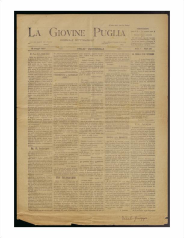 Il documento è parte della collezione del fondo libri digitalizzati della Biblioteca provinciale La Magna Capitana di Foggia, comprendente alcune monografie di diversi secoli e periodici del Novecento. Nello specifico si tratta del num. 20 dell'anno I de “La Giovine Puglia. Giornale socialista settimanale” del 12 maggio 1907. La prima pagina del giornale omaggia la figura di Matteo Renato Imbriani. Tra gli articoli, Raffaele Cotugno ricorda un incontro nel quale chiese ad Imbriani una lettera da presentare al Ministro Barone Nicotera in aiuto di un amico che era stato calunniato. Da uomo politico d'onore stette ai patti e scrisse una lettera piuttosto dura verso il Nicotera, mitigata poi dai consigli della signora Irena, sua moglie adorata. La Giovine Puglia così ricord...