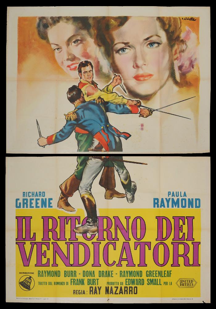 
Il ritorno dei vendicatori (The Bandits of Corsica) è un film film d'avventura statunitense del 1953 diretto da Ray Nazarro, su una sceneggiatura di Richard Schayer. Tra gli interpreti principali ricordiamo Richard Greene, Paula Raymond e Raymond Burr.
Il film è ispirato al romanzo del 1841 “Les frères Corses” di Alexandre Dumas (padre) ma le uniche similitudini tra il racconto e il film sono rappresentate dalla presenza dei due fratelli gemelli (entrambi interpretati da Greene).
Il manifesto cinematografico è firmato dal celebre pittore di cinema Averardo Ciriello, milanese classe 1918. Il suo stile pittorico è colto, maturo e raffinato sia nei ritratti sia nelle scene in cui il colore è utilizzato in tutte le sue gamme, conferendo all’immagine una dinamicità narrativ...
