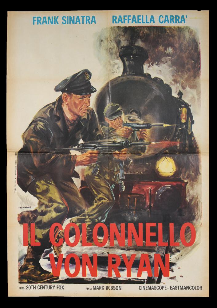L'immagine riproduce uno dei manifesti conservati presso la Mediateca Regionale Pugliese (vedi Note). Si tratta della versione grafica per il manifesto del film americano “Il colonnello Von Ryan”. L'opera è a firma è dell’illustratore G. Di Stefano, autore narrativo vicino ad altri interpreti della pittura di cinema dell'epoca. L'impianto grafico infatti mostra una pittura tradizionale e degna di nota: una scena unica in cui si percepisce pienamente l'atmosfera di guerra dalla rappresentazione dei personaggi e dal momento scelto. Le figure sono molto comunicative esaltate dal fondo bianco; tutta la composizione è ricchissima di sfumature cromatiche e dettagli che calano l'osservatore direttamente nella scena....