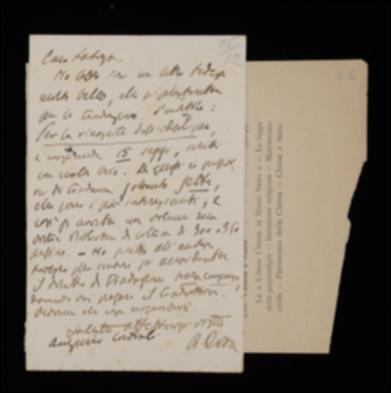Nella cartolina, Benedetto Croce propone a Giovanni Laterza la pubblicazione nella collana “Biblioteca di cultura moderna” di alcuni saggi del volume “Zur Wiedergeburt des Idealismus” (“Per la rinascita dell'idealismo”) di  Ferdinand J. Schmidt, da tradurre in italiano; gli comunica inoltre di aver già scritto all'autore in merito al diritto di traduzione.