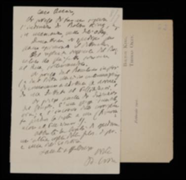 Benedetto Croce prega Giovanni Laterza di favorirgli l'indirizzo di Bolton King ovvero quello di Thomas Okey; lo avverte poi della prossima spedizione del materiale per i volumi di Jacopo Vittorelli e di Traiano Boccalini. Il filosofo invita inoltre l'editore barese ad adottare in tipografia le norme dettate ad Achille Pellizzari; lo invita a risparmiare lo stipendio di Giovanni Giusti, evitando tra l'altro a lui e a Pellizzari la fatica di doverne rivedere le correzioni. Infine Croce chiede a Laterza di spedirgli copia dei suoi volumi di filosofia della pratica e di estetica.