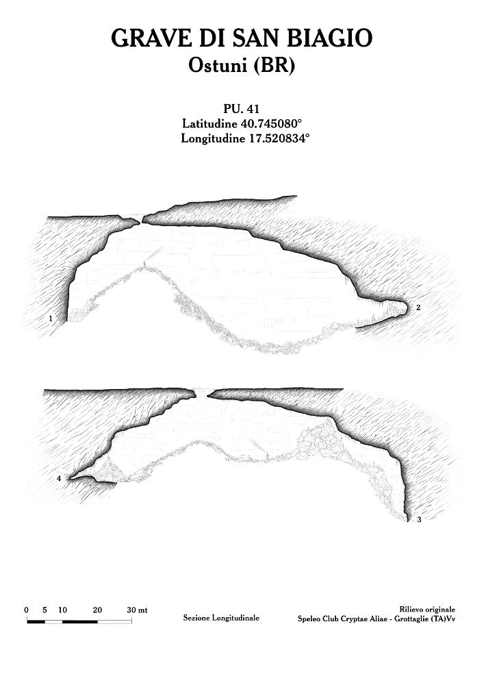 Questo rilievo topografico è la trasposizione in digitale di rilevamenti realizzati a seguito di importanti studi speleologici nelle grotte di Puglia. Sono materiale utile per lo studio e la ricerca, per comprendere al meglio la complessità delle articolazioni sotterranee di queste cavità naturali, con il fine della tutela e della salvaguardia del fenomeno carsico. 
Il documento fa parte della raccolta di rilievi topografici digitalizzati da Carlos Solito per il Progetto digitale “Sillabario sotterraneo – Viaggio dantesco nelle Grotte di Puglia” – realizzato nell’ambito della LEGGE REGIONALE 30 dicembre 2020 - art. 39 “Cavità pugliesi e opera dantesca - Celebrazioni 700 anni dalla morte di Dante Alighieri”.