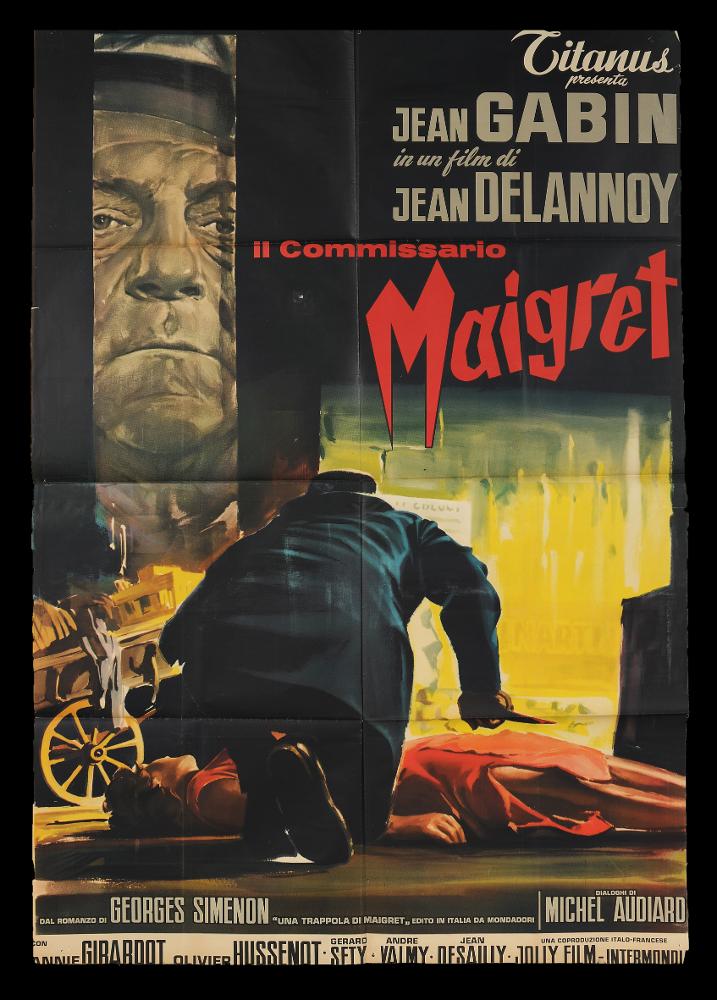 L'immagine riproduce uno dei manifesti conservati presso la Mediateca Regionale Pugliese (vedi Note). Si tratta di una delle versioni grafiche del manifesto del film giallo "Il commissario Maigrat" del 1958 per la regia di Jean Delannoy, tratto dal romanzo "Una trappola di Maigret" di Georges Simenon. La composizione rispecchia totalmente il genere giallo del romanzo grazie alle tinte scure, all'ambientazione in esterno, alla scelta non mostrare i volti dei personaggi sulla scena principale, lo spettatore vive il mistero del racconto, cerca di capire che l'uomo piegato con un coltello in mano ha ucciso la giovane donna ai suoi piedi. Particolare la presenza di un volto maschile nel riquadro sulla sinistra, in bianco e nero, immortalato solo centralmente....