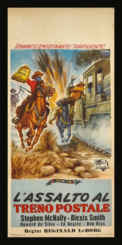 L'immagine riproduce uno dei manifesti conservati presso la Mediateca Regionale Pugliese (vedi Note). Si tratta della locandina del film western “L’assalto al treno postale” del 1950 per la regia di Reginald Le Borg. La composizione grafica è a firma di De Amicis (Aldo De Amicis), di cui si può osservare anche la versione manifesto. Illustratore romano, ha iniziato la sua carriera come vignettista del periodico a fumetti “Il Vittorioso”, opportunità che gli permise una maturazione stilistica tale da renderlo più sicuro e pronto per il mondo della cartellonistica. L’illustrazione colpisce per la narrazione dinamica con cui l'artista rende il treno in corsa e la rapina in atto. De Amicis utilizza in maniera sapiente una pittura morbida e sfumata, pennellate larghe e color...