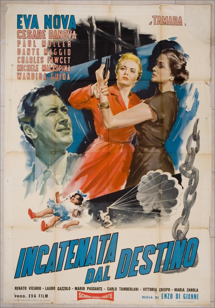 L'immagine riproduce uno dei manifesti conservati presso la Mediateca Regionale Pugliese, esaminati in "Cinema al muro: Angelo Cesselon" (vedi Note). In questo manifesto l'artista traspone pittoricamente diverse scene del film di immediata comprensione; sono immagini semplici ma espressive ed efficaci. Tutte le figure fanno da cornice alla scena principale, posta al centro, che raffigura la lite tra le due donne rivali: Eva, moglie di Kirk e Stella collaboratrice del marito e di questo innamorata. Il primo piano monocromo di Kirk, che muore durante una missione è raffigurato, sul lato sinistro del manifesto, con lo sguardo rivolto verso le due donne. Alle spalle di questa scena, sottolineata da un taglio di colore azzurro, il disegno di una inferriata che rimanda alla p...