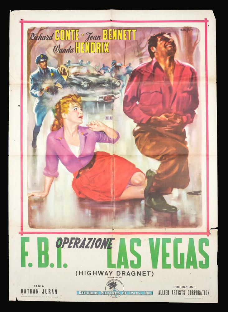 L'immagine riproduce uno dei manifesti conservati presso la Mediateca Regionale Pugliese (vedi Note). Si tratta del manifesto del film americano "F.B.I. Operazione Las Vegas", a firma di Enzo Nistri. Pittore romano che realizzò migliaia di manifesti per il cinema, Nistri si contraddistinse per un linguaggio maturo, uno stile semplice ed elegante che "si presta a raccontare ogni storia" (Baroni, 2018). Molti suoi lavori infatti si riconoscono per il tratto raffinato, ma al tempo stesso dalla forte intensità costruttiva data anche da un sapiente uso dei colori netti e linee dal contrasto accentuato, che aiutano a ben definire le figure e le scene descritte. Come altre opere da lui realizzate, anche questa composizione si caratterizza per un taglio moderno, fatto di spazi ...