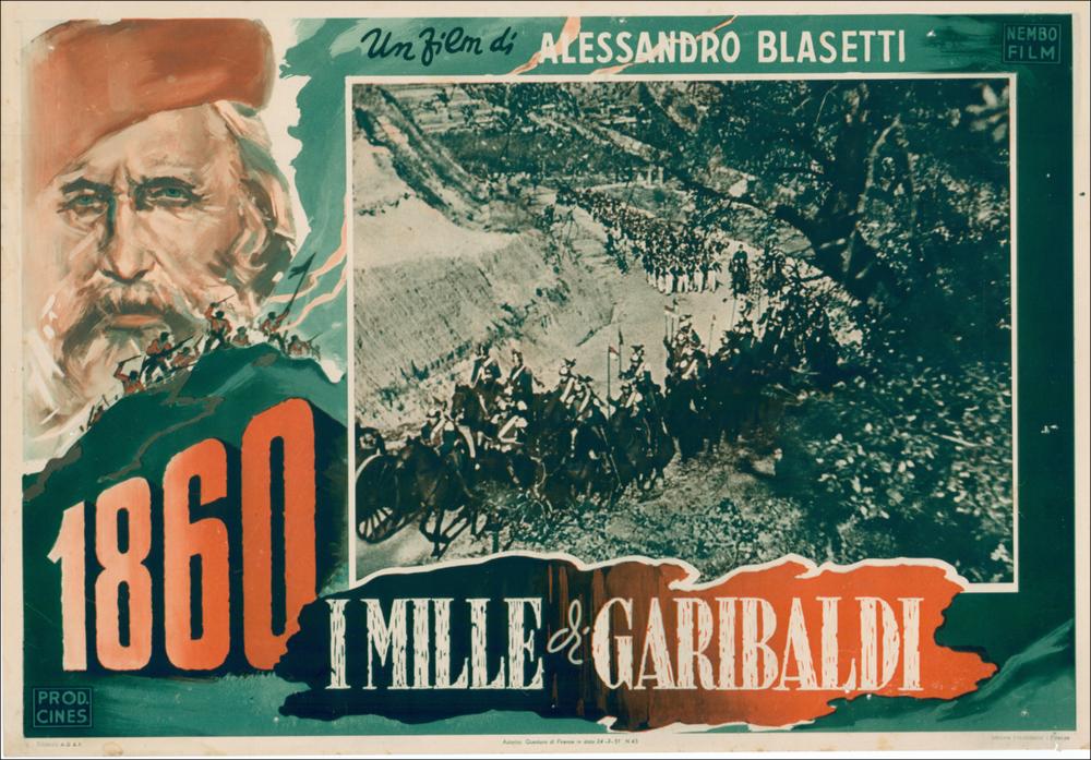 L'immagine è una riproduzione digitale del manifesto cinematografico del film “1860 - I Mille di Garibaldi”, prodotta in seguito all'evento "Cinema 150 anni. Mostra di manifesti d'epoca sul Risorgimento". La mostra, allestita negli spazi della Mediateca Regionale di Bari, è stata realizzata nel 2011 dall'Ufficio Attività culturali e audiovisivi, afferente al Servizio Cultura e Spettacolo della Regione Puglia, in occasione delle celebrazioni dei 150 anni dell'Unità d'Italia. In Mediateca sono conservate una serie di fotobuste e una prestigiosa locandina dipinta dal famoso pittore, illustratore e grafico Angelo Cesselon. La fotobusta in oggetto riporta una scena dai toni scuri e drammatici della vittoriosa battaglia di Calatafimi combattuta nel maggio 1860 in Sicilia, sul...