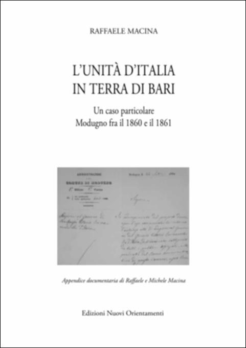 Il volume è parte della produzione letteraria di Raffaele Macina, scrittore storico e professore di Modugno, docente di Storia e Filosofia presso i licei di Terra di Bari. La pubblicazione analizza, alla luce di documenti molti dei quali inediti, le ripercussioni, che si ebbero all'interno di uno specifico territorio, dei grandi eventi che portarono alla formazione del Regno d'Italia. Questo fa sì che la documentazione d'archivio presentata da un lato fornisce nuovi contenuti al quadro storico generale, dall'altro impone una interpretazione di ampio respiro ad una tematica locale. E così, seguire i modi e le forme in cui la classe dirigente di un Comune come Modugno affronta la svolta costituzionale di Francesco II o il passaggio dalla monarchia borbonica a quella sabau...