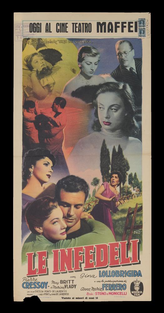 L'immagine riproduce uno dei manifesti conservati presso la Mediateca Regionale Pugliese (vedi Note). Si tratta di una delle versioni della locandina del film "Le infedeli", a firma di Francesco Fiorenzi. Nella composizione si ritrovano tutte le caratteristiche stilistiche dell'artista, autodidatta trasferitosi a Roma nel periodo più florido per il cinema italiano. Fu il primo, tra i pittori di cinema dell'epoca, ad anticipare il linguaggio grafico e fotografico attraverso la realizzazione di collage con ritratti e scene prese dal film e l'inserimento di elementi pittorici per unire le immagini sparse nello spazio del manifesto. Quello che oggi si realizza grazie a strumenti digitali, Fiorenzi lo realizzava creativamente con l'uso di forbici e colla. In quegli anni, gli...