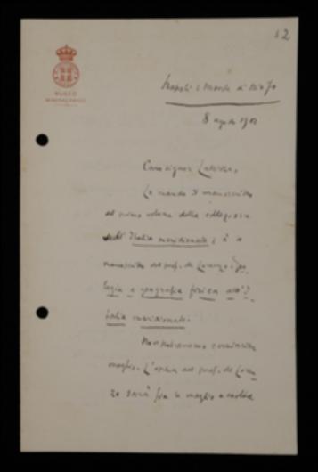 Nella lettera, Francesco Saverio Nitti comunica all'editore che il manoscritto del volume di De Lorenzo è pronto, inoltre fornisce indicazioni sull'apparato delle illustrazioni..