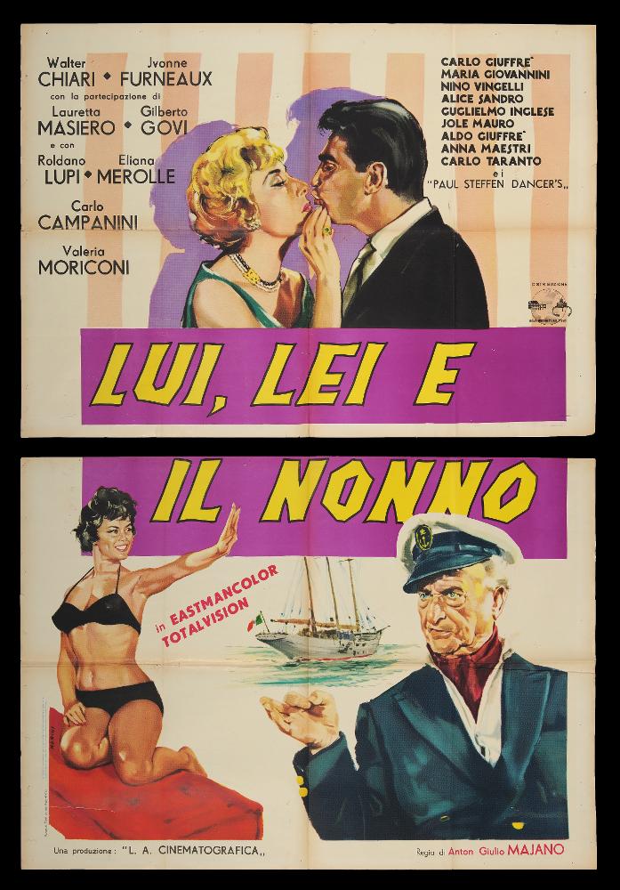 L'immagine riproduce uno dei manifesti conservati presso la Mediateca Regionale Pugliese (vedi Note). Si tratta di una delle versioni grafiche del manifesto di "Lui, lei e il nonno", film italiano dei primi anni '60. L'illustratore Morini firma questa composizione, molto descrittiva, realistica e con uno stile grafico accentuato, in cui lo spazio è occupato prevalentemente dai personaggi del film. Lo sfondo è animato da dettagli che richiamano un ambiente interno (con carta da parati) in cui vi è la coppia interpretata da Walter Chiari, riconoscibile anche di profilo per le sue accentuate mimiche facciali, e da Lauretta Masiero. Belle e vivaci le tonalità cromatiche scelte, che ruotano tutte attorno al grande titolo, caratterizzante e moderno....