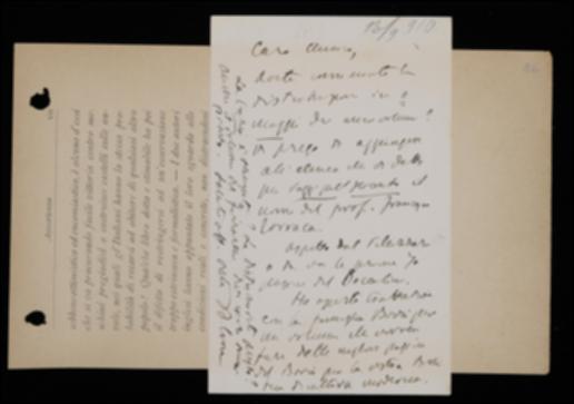 Dopo aver pregato Giovanni Laterza di aggiungere Francesco Torraca all’elenco di indirizzi per la distribuzione degli omaggi già fornito con una missiva alla fine di agosto, Benedetto Croce sollecita la spedizione, da parte dell’editore o di Achille Pellizzari, di una prima parte delle bozze del volume di T. Boccalini. Il filosofo poi comunica di aver aperto trattative con la famiglia di Giovanni Bovio per la pubblicazione di alcuni scritti di quest’ultimo in un volume della “Biblioteca di cultura moderna”; infine auspica la distribuzione anticipata de “La Critica” e la conclusione del volume di Giuseppe Ferrarelli.
