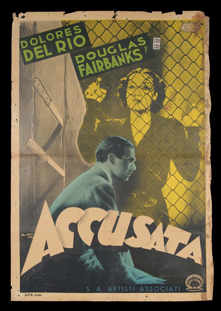 L'immagine riproduce uno dei manifesti conservati presso la Mediateca Regionale Pugliese (vedi Note). Si tratta della versione grafica del manifesto del film "Accusata". La composizione risponde pienamente ai canoni stilistici del cosiddetto "primo stile" della pittura di cinema, che si sviluppa a partire degli anni Trenta. Il linguaggio, seppur narrativo, è "oleografico", le tinte sono luminescenti, monocromatiche e non veritiere sulle figure rappresentate, per un effetto grafico irreale e molto suggestivo. Sull'esempio di grandi artisti di questo periodo come Martinati, anche l'artista sconosciuto (R.F.), per "Accusata", gioca sui colori del giallo, azzurro e verde e tra le figure inserisce dei dettagli (i coltelli, ad esempio) simbolici per il film....