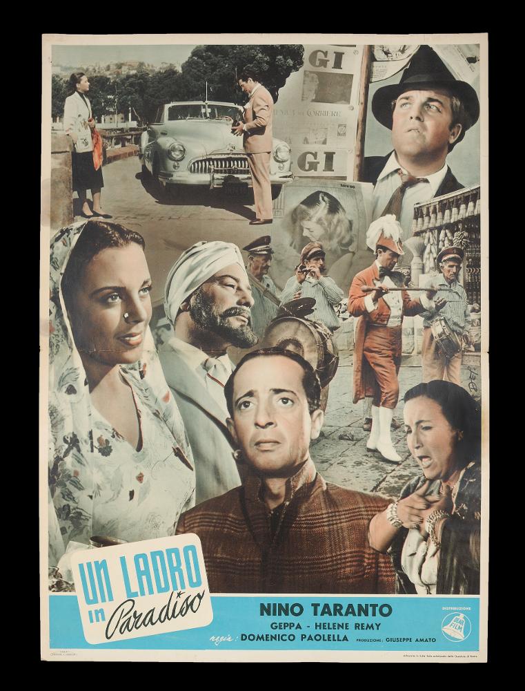 L'immagine riproduce uno dei manifesti conservati presso la Mediateca Regionale Pugliese (vedi Note). Si tratta di una delle versioni grafiche della locandina del film "Un ladro in Paradiso", film italiano degli anni '50. Come si può notare, il manifesto ha una composizione ricca, composta dal collage di fotografie sovrapposte e ben disposte, tratte dalle scene del film. Tutto è reso omogeneo dall'uso di colori desaturati dalle tonalità marroni e aranciate, mescolati a quelli chiarissimi del ghiaccio e rosa chiarissimi per gli incarnati, che accentuano l'effetto "vintage" di quest'opera....